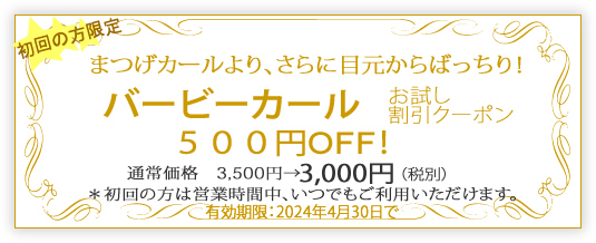 バービーカール初回限定お試しクーポン。3500円を500円割引。